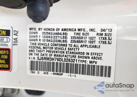 2013 Honda Cr-V Exl из США, поврежденный, VIN 5J6RM3H79DL026321